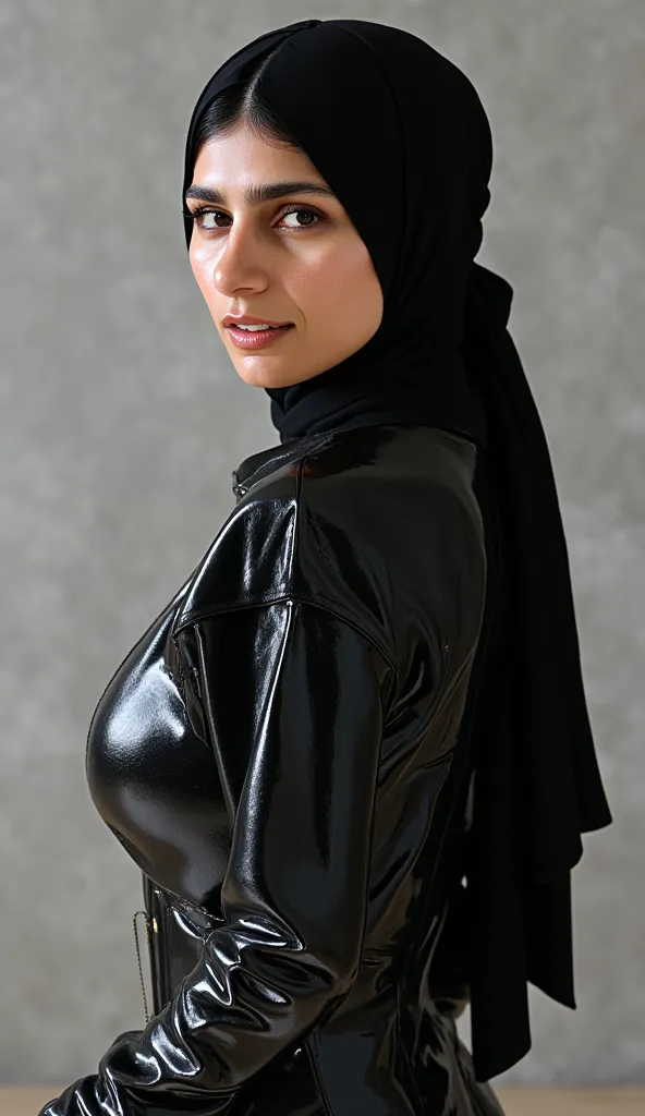 whole body image, looking at the viewer, high resolution, Super detailed,  smile, Breasts, latex Dress, hijab 