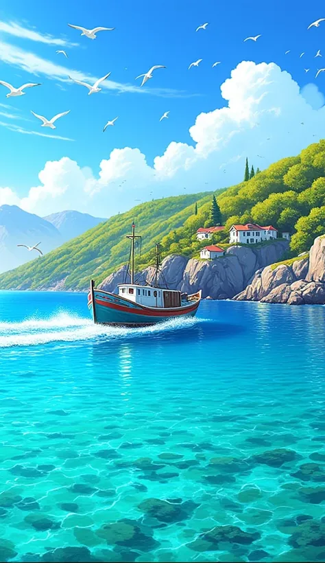 "A high-quality, vibrant digital painting of a fishing boat sailing through crystal-clear turquoise waters near a rocky coastline. The boat leaves a foamy white trail behind as it moves forward. Above the boat, a large flock of seagulls with outstretched w...