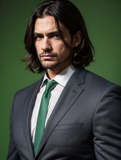 dark gray suit, Serious,  dark hair,  green background, man