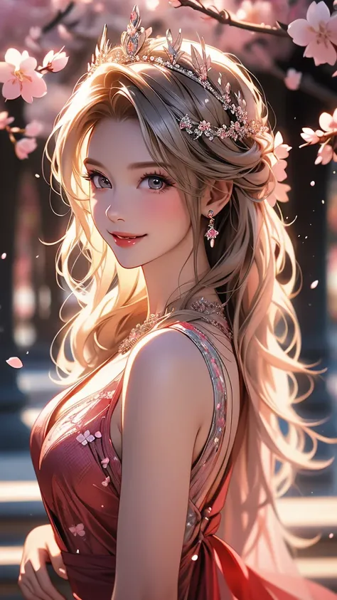 (photo realistic), highly detailed, Award-winning photography, Sharp focus,
(1woman and one large python),
A beautiful Scandinavian woman,
extraordinarily beautiful face, blonde, 

Cherry Blossom Tiara,
She is wearing a bright dress with a cherry blossom p...