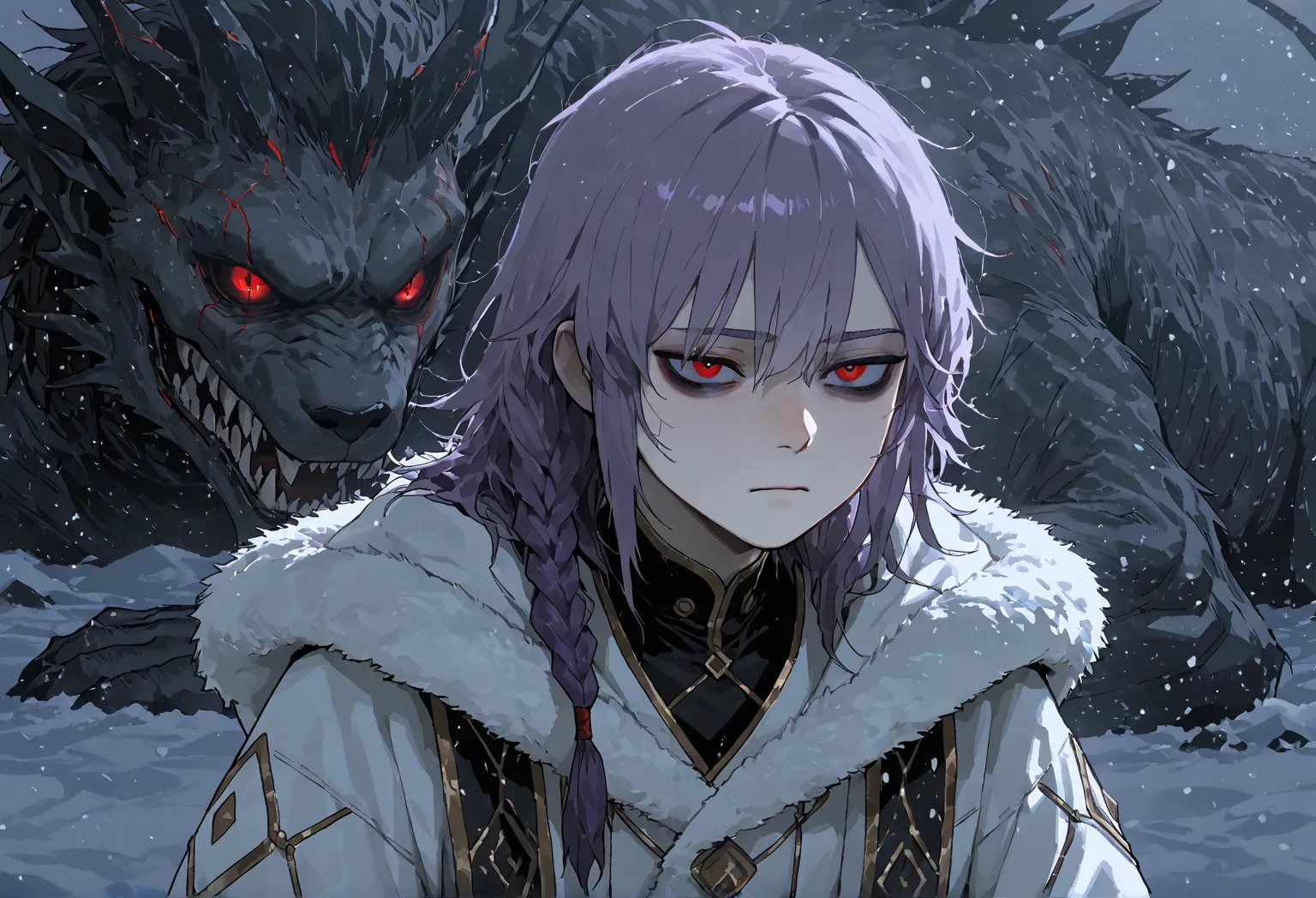 1boy, male, very thin, sharp features, pale skin, red eyes, dark circles under eyes, mullet hair, disheveled double bangs, faded purple hair, side braid, tired, melancholic, serious, bruises under eyes, Snow King costume, semi-darkness, an emotionless,  in...