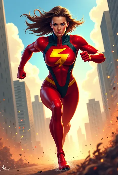 Create an image of someone who is a superhero who runs fast she has a 5 on her chest