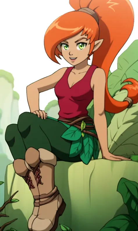 Edyn, 1girl, dark-skinned female, orange hair, long hair, ponytail, green eyes, green Leggings, pointy ears,Maroon  tank top, leaf skirt, Boots, open legs