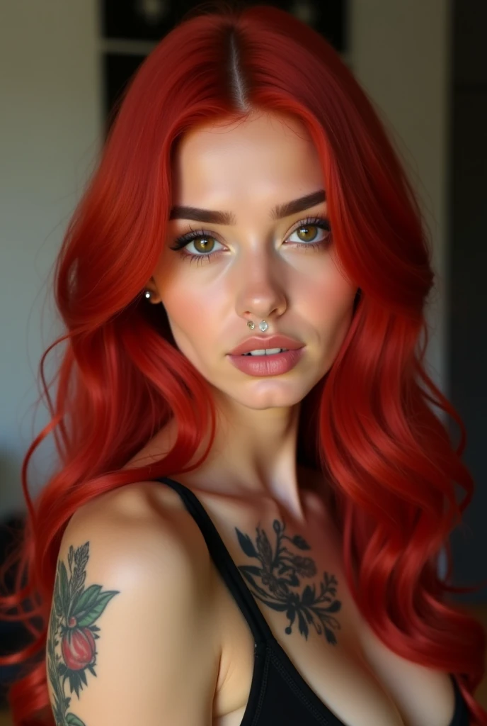 A viral digital influencer, a 25-year-old young woman with a effeminate face and delicate hands. Her fair skin contrasts with her long vibrant red hair, that gently descends her shoulders. Her body is defined and attractive, showing off sexy tattoos strate...