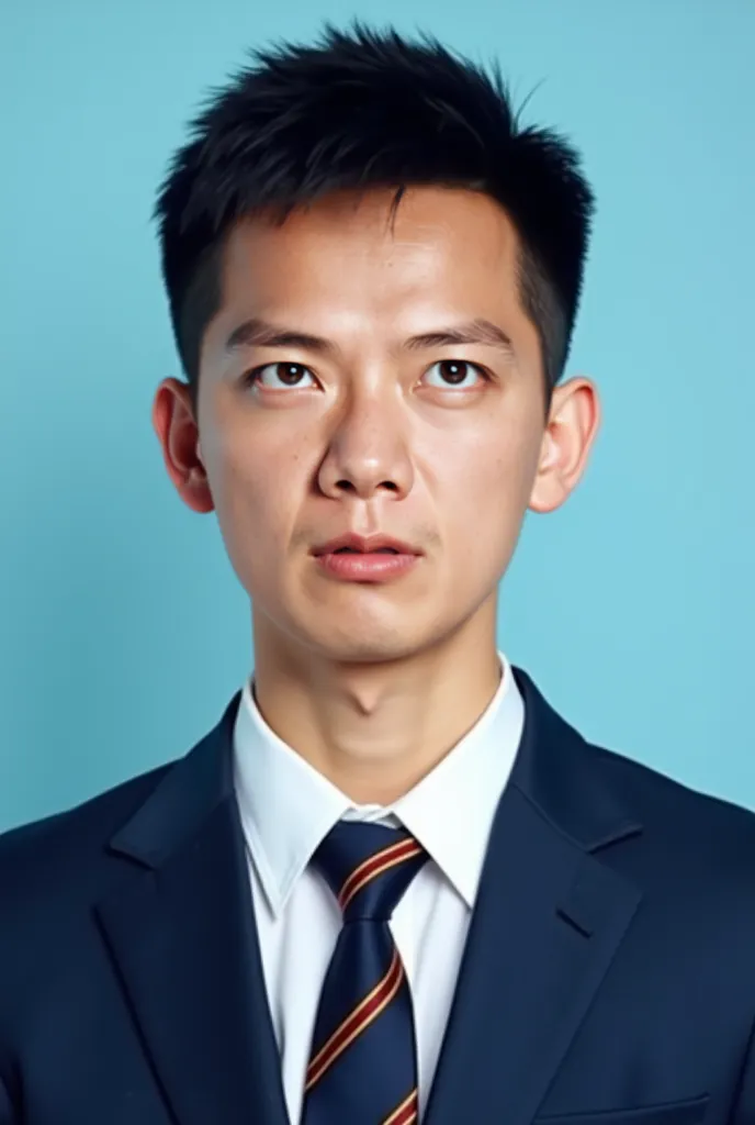 A portrait photograph of a young Chinese man, 18-years-old, light-yellowish skin, ((black crew cut hairstyles)), ((very short hair)), he is wearing a dark blue men's-style suit jacket, long sleeves, notched lapels, and two buttons. Underneath is a white co...