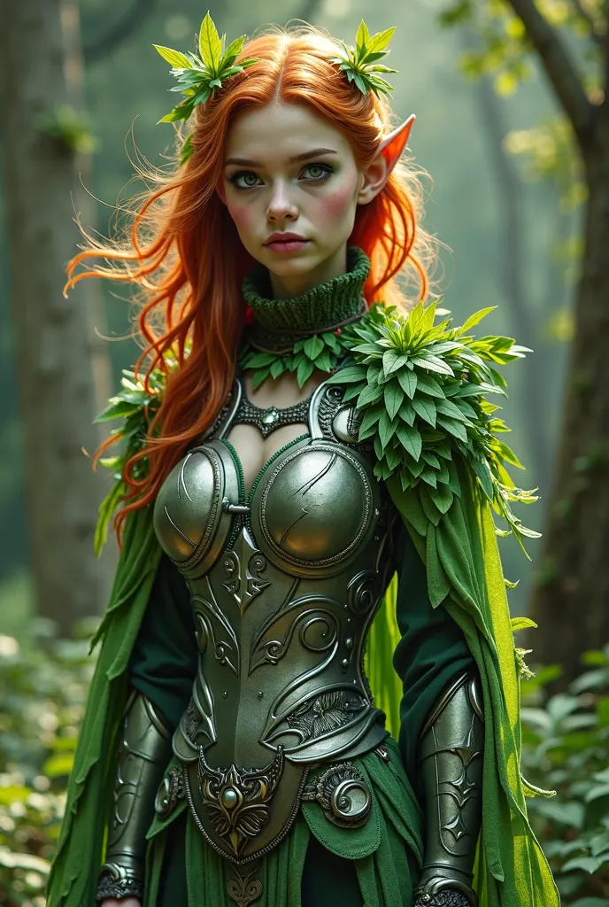 Leprechaun woman with greenish skin, armor and sheet of leaves, Red hair and short pointed ears image of the full character without a cape