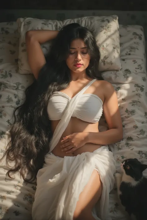 Full body, Bright sunlight on one side, Indian girl wearing white strapless twisted mini tube bandeau laying on bed, a cat sitting next to her, thick floral printed soft mattress, mattress ripped in various positions, barefoot, bare bottom, naked bottom, s...