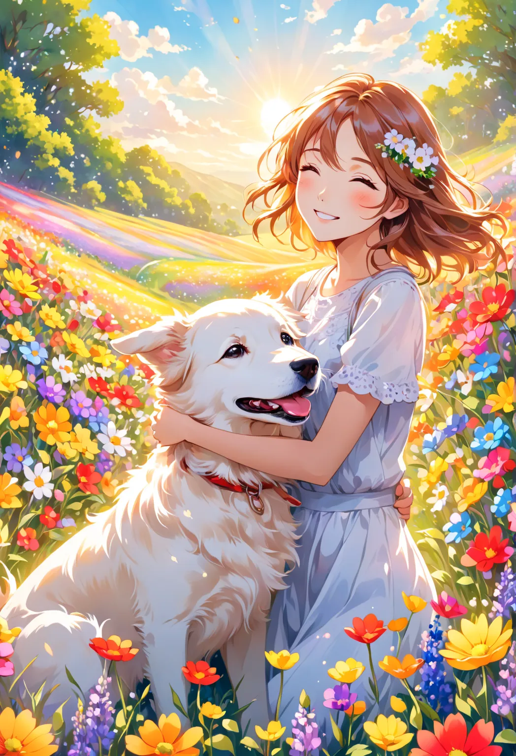 Anime, cute,A  girl, a vast field of vibrant flowers. A cute smiling woman plays with a  dog with a floral print"Anime, cute "