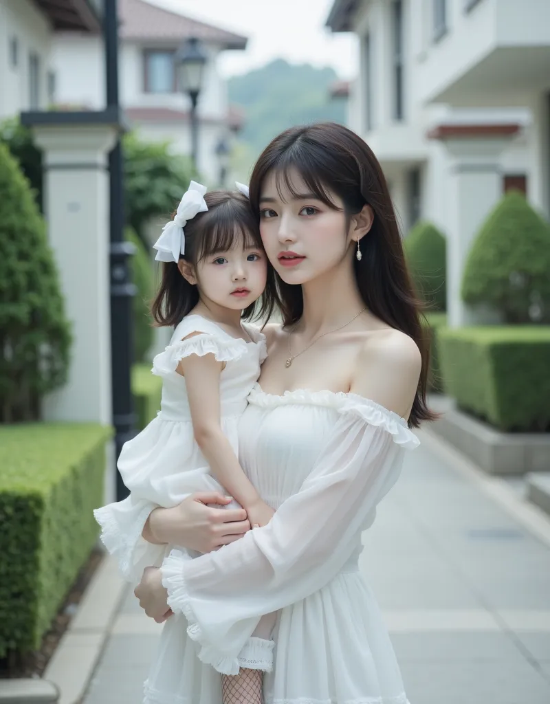 (A super cute Korean female college student holds her  daughter and looks at the scenery:1.2)( smiling innocently :1.2)(beautiful skin:1.1)(16k,  RAW photos , highest quality, masterpiece: 1.2),(Glossy and beautiful black bob cut:1.1) Super Detail, super r...