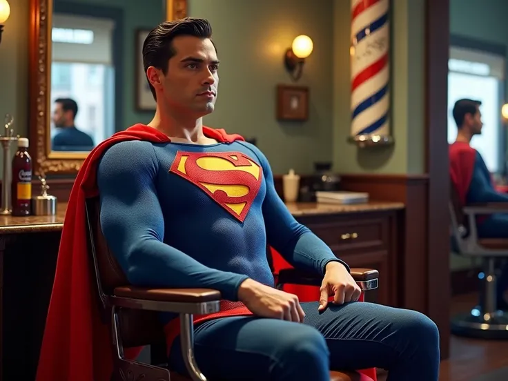 Superman sitting in a barber chair, looking relaxed while getting a haircut. The barber's cape is designed to resemble Superman's iconic cape, with bold red and blue colors and the "S" symbol prominently displayed on the back. The setting should have a cla...