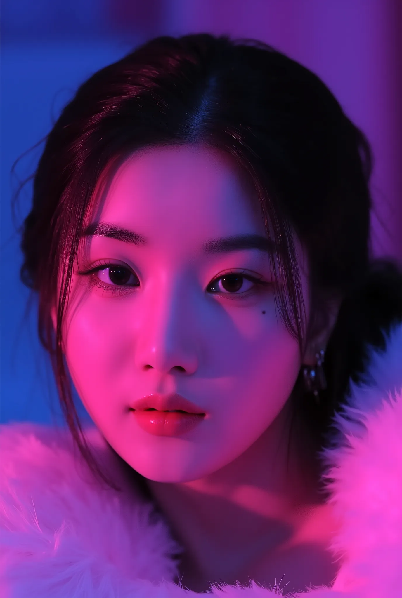 korean woman with pink makeup posing in bed, glowing pink face, soft portrait shot 8 k, glowing magenta face, glowing with colored light, sexy girl, glowwave girl portrait, magenta lighting. fantasy, glowing neon skin, color photograph portrait 4k, 8 k sen...