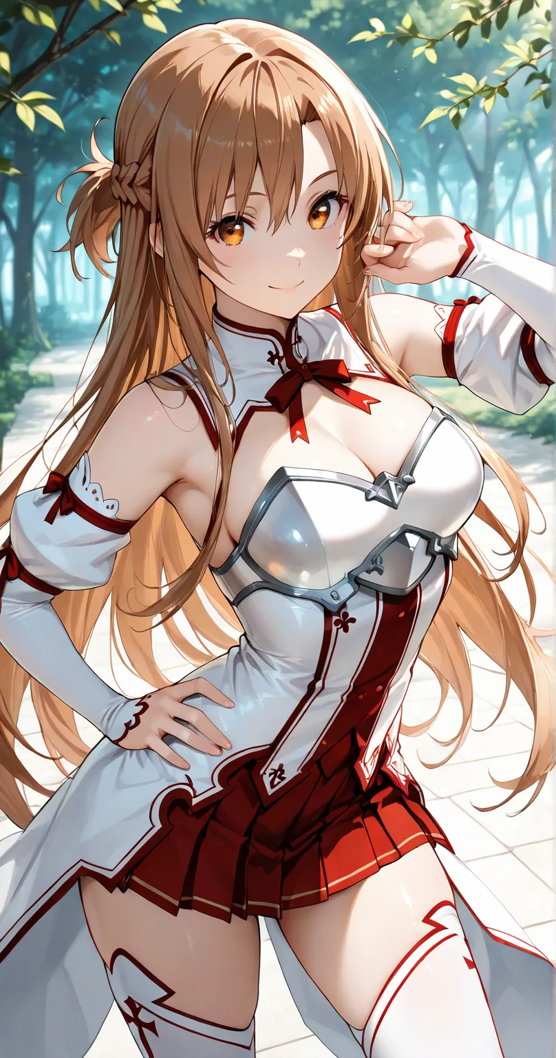 insanely detailed,
yuuki asuna, brown eyes, brown hair, long hair, bangs, braid
yuukiasunasaooutfit, white armor, white breastplate, red pleated skirt, white detached sleeves, bare shoulders, white thighhighs, 
Contrapposto, arched back, hand on hip, Tippy...