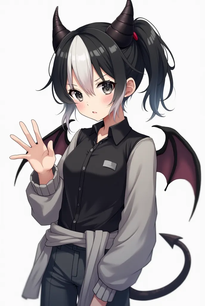 Boy with black and white hair in gradient,ponytail with short hair on the back with a patch on her eyes white eyes a small patch on the cheek color black black blouse with gray sleeves a sweater tied around her waist gray pants black demon wings and horns ...