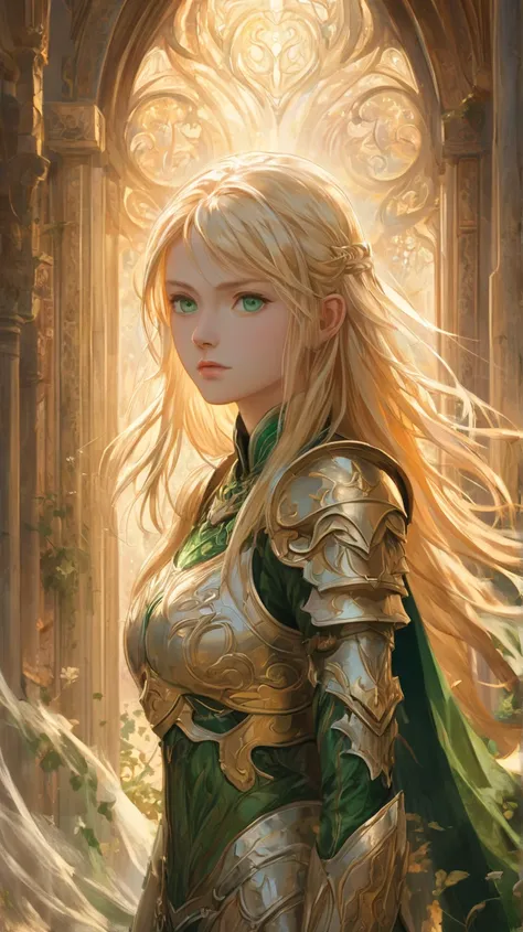  anime girl t-shirt, long blond hair, green eyes with a determined look, She is wearing armor that highlights her beauty