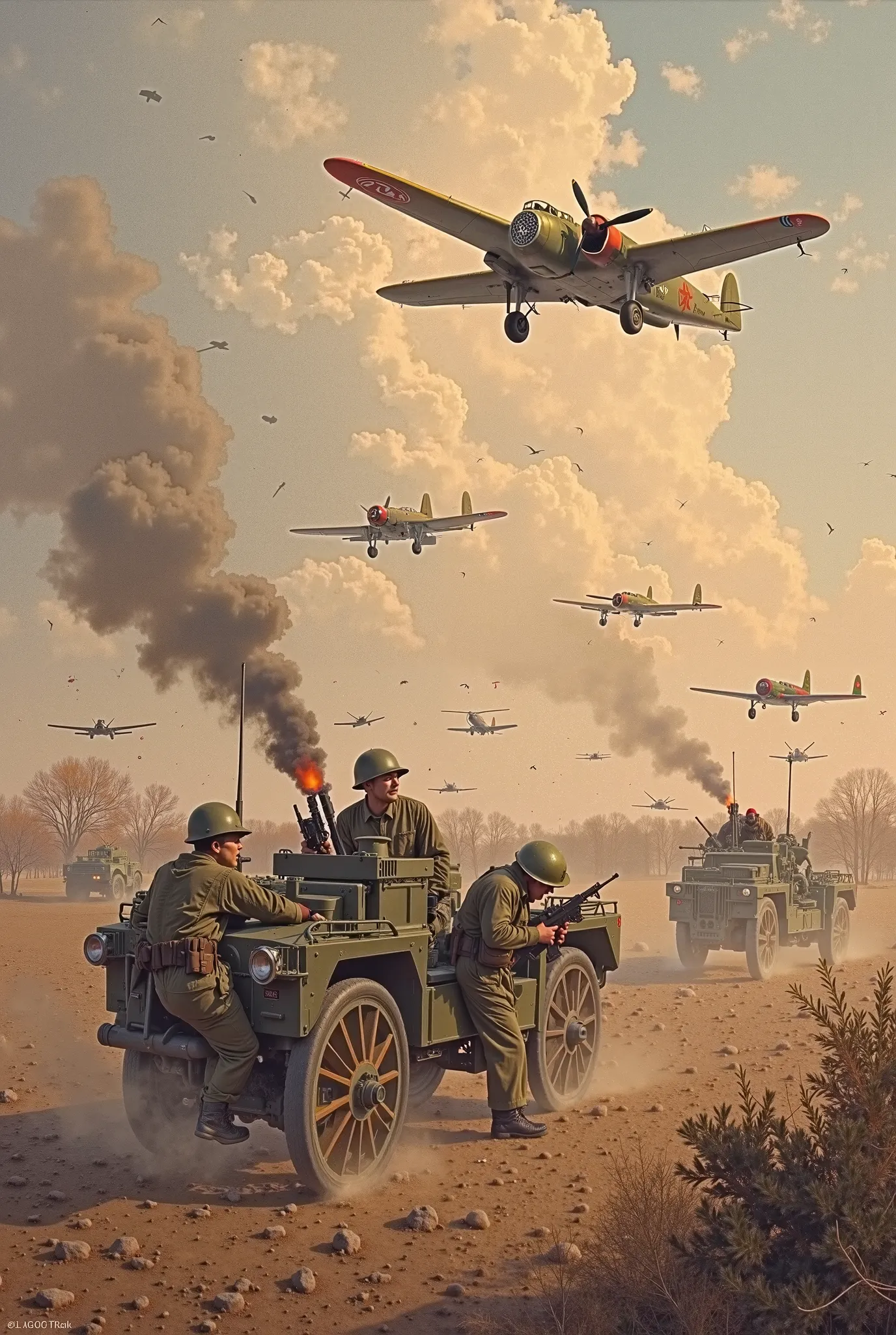 The Battle of Liaoshen is carried out in a compositional manner. There are five planes in the upper left corner of the painting. In the middle, in the lower right corner of the battlefield, Red Army soldiers hit those five planes with anti-aircraft artille...