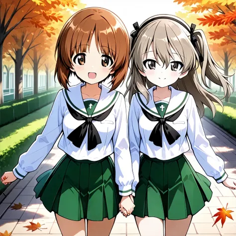  High Resolution,  best quality,  high image quality  ,   two girls、smile、(arisu shimada ,brown eyes, long hair, light brown hair）、Nishizumi Miho  , 綺麗な brown eyes, 魅力的なbrown eyes、  beautiful brown hair , bob cut the blue cloth )、uniform up、 (  Oarai Girls...