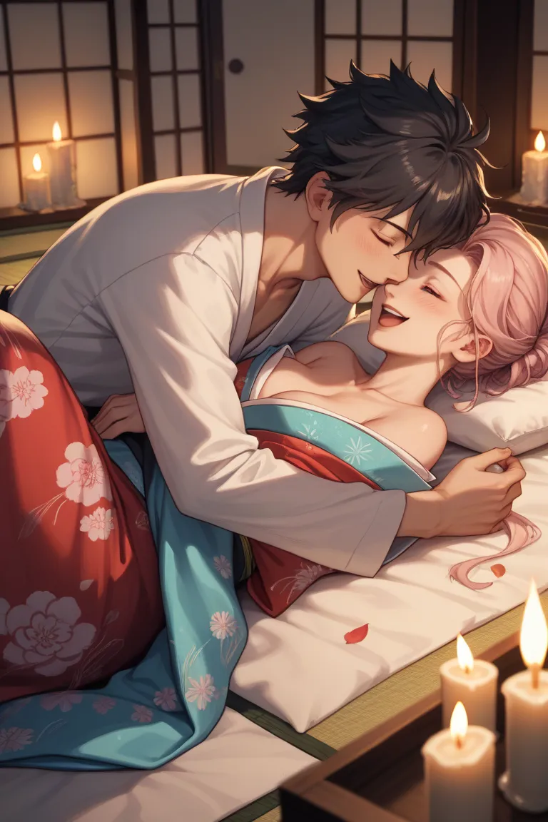 Illustration of a man and woman in kimono lying down and hugging each other and laughing