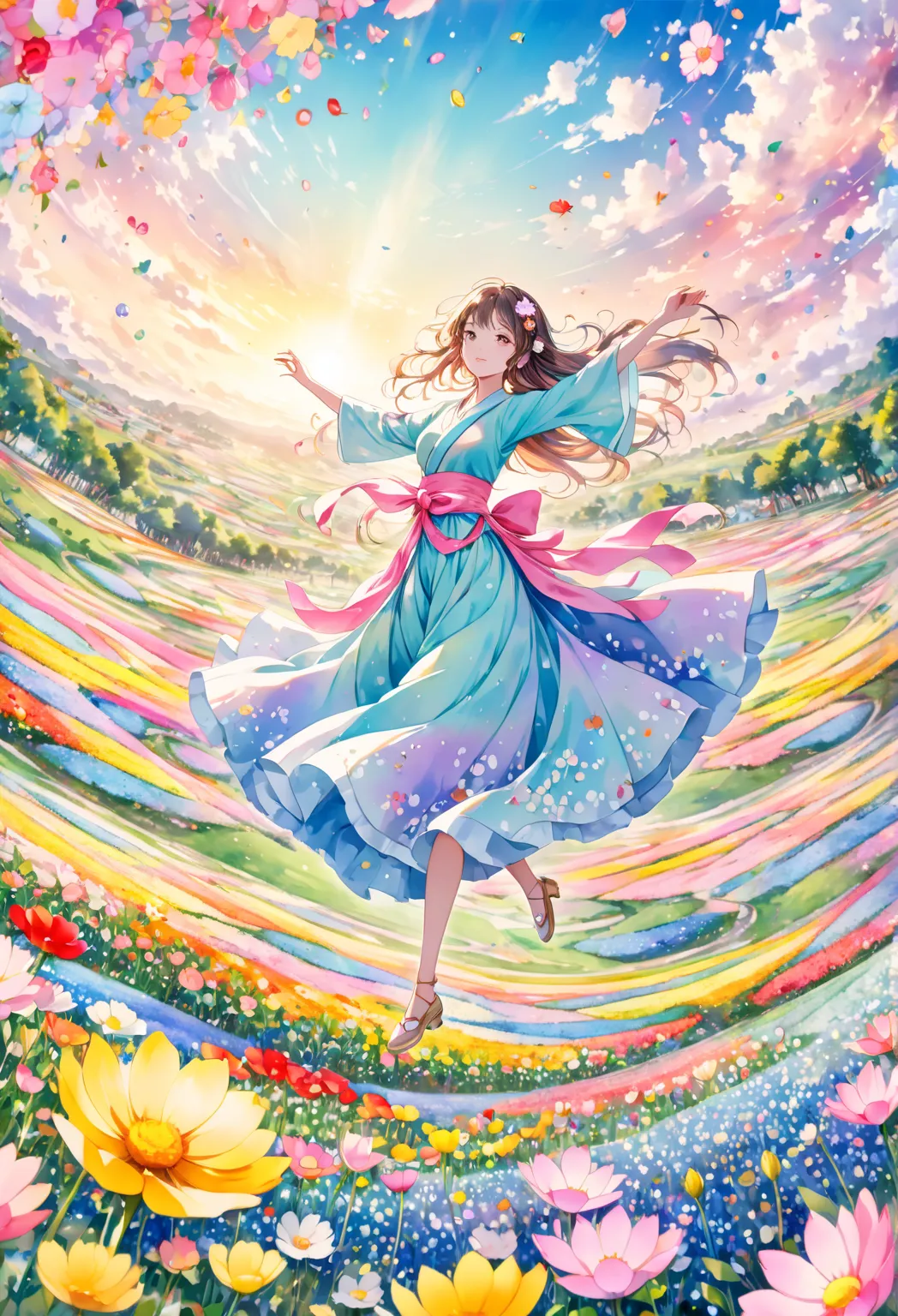 anime　Ultra-detailed, absolute resolution, a masterpiece.
Beautiful woman dancing in a colorful pastel-colored Hanfu.
Wide-angle aerial background of a flower field.
Wonderland world view.
A fusion of watercolor, acrylic and collage, conceptual installatio...