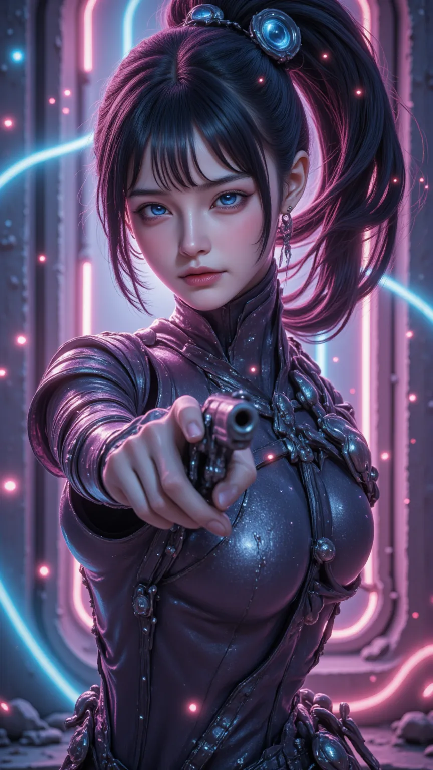 in the style of CKNC,in the style of CKSC,Focus Topic, dynamic angle,android woman,pointing a pistol at the viewer,anger,A network of uncharacteristic eyes, Ponytail ,neon lights,Casual clothes,Casual clothes,glowing web,shining on the roof,high quality,4K...