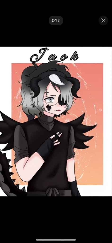 Black-haired boy with white hair with a ponytail, with a patch on his eyes white eyes a small patch on his cheek color black black blouse with gray sleeves a sweater tied around his waist gray pants black demon wings and horns greeting in anime style