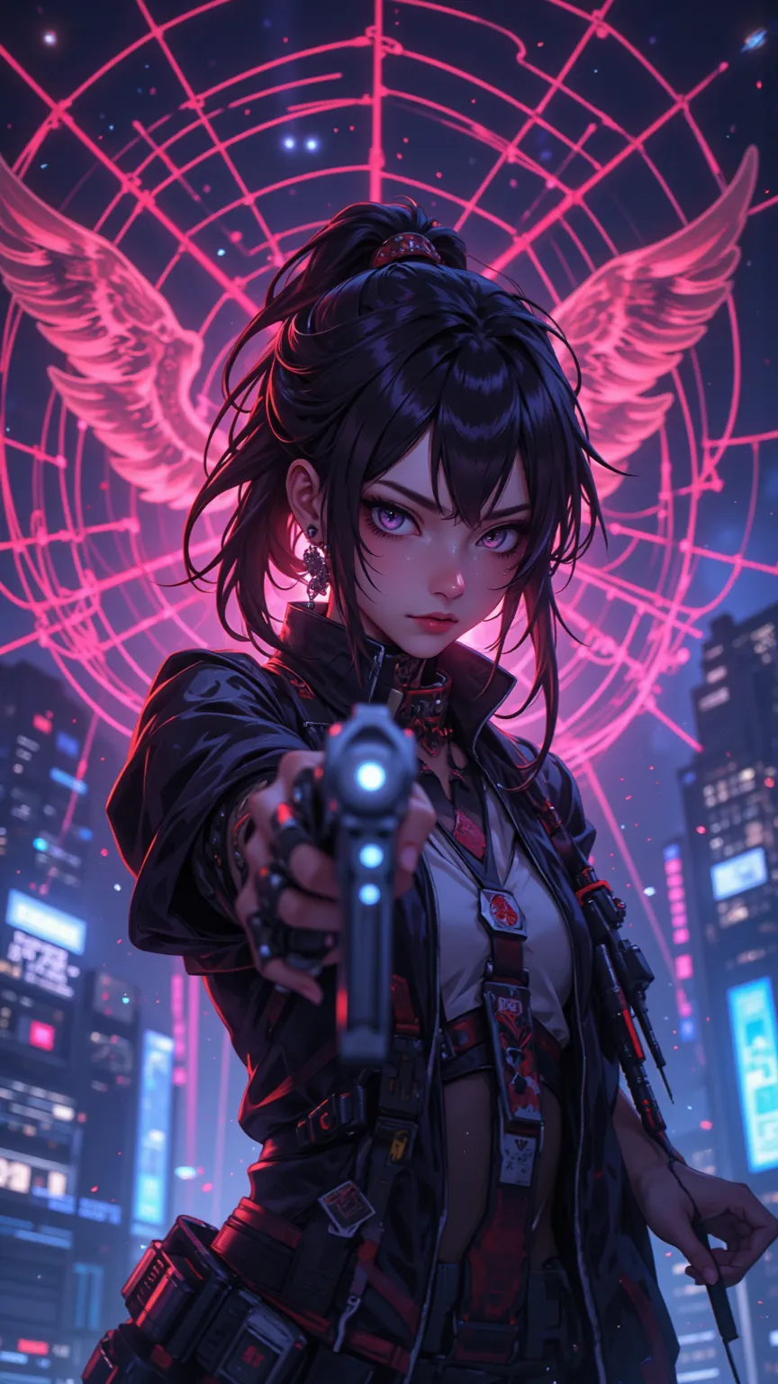 in the style of CKNC,in the style of CKSC,Focus Topic, dynamic angle,android woman,pointing a pistol at the viewer,anger,A network of uncharacteristic eyes, Ponytail ,neon lights,Casual clothes,Casual clothes,glowing web,shining on the roof,high quality,4K...