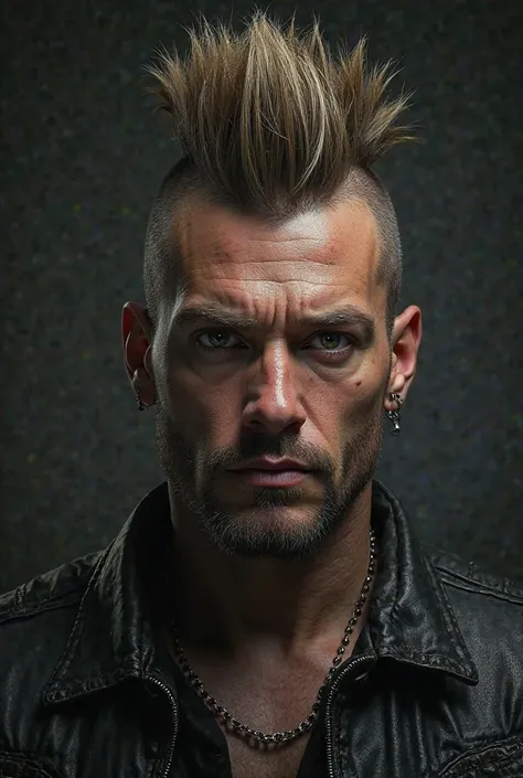 Young metalhead man with realistic sharp mohawk cut 