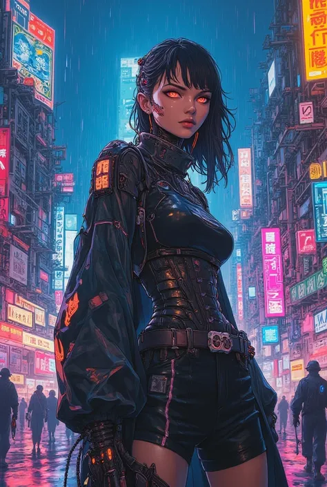 Create a breathtaking, highly detailed, and futuristic cyberpunk artwork featuring a strikingly beautiful and modern woman as the central figure. She has an elegant yet edgy appearance, with cybernetic enhancements, glowing neon accents, and a sleek, high-...