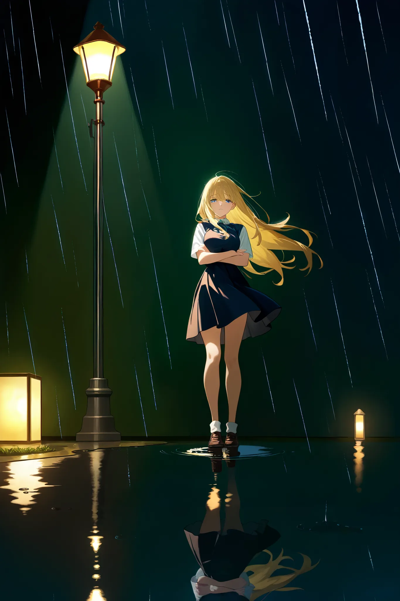 masterpiece, newest, absurdres, safe, 1girl, lonely, long hair, blonde hair, flying hair, sad face, wind, rain, arms crossed, spotlight, below a lamp post, lonely, looking at viewer, dark, puddle, depressed,  reflection, reflective outdoors, sad, solo, ref...