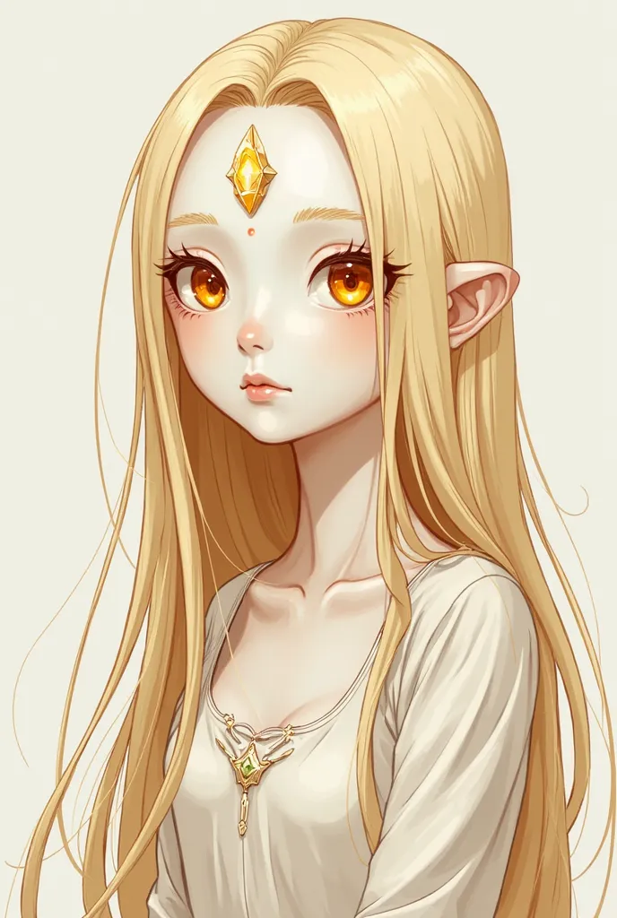 Half-classic non-animated drawing of a girl, an ethereal and delicate figure,  With long hair, Straight and platinum blonde that falls like a waterfall down to your knees.  with orange eyes .
 His skin is white, almost translucent . Her features are soft a...