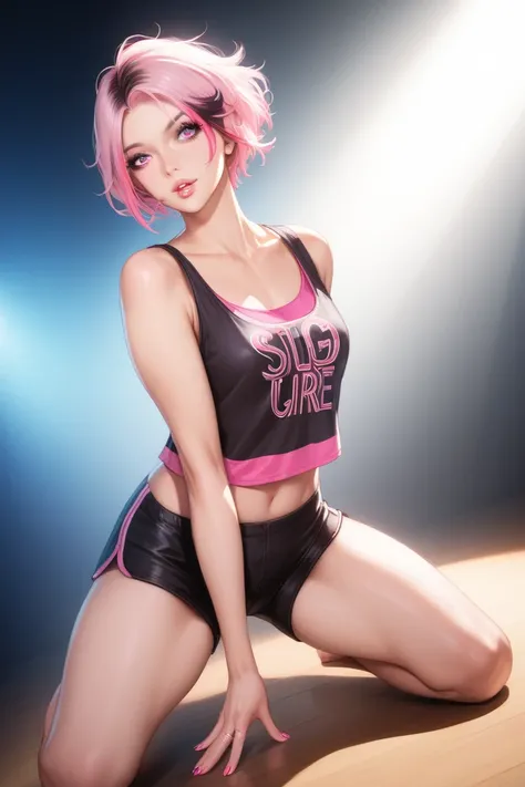 1 girl, short pale pink ponytail hair, dark pink highlights, small breasts, kneeling, top dawn, pink string tank top, black sports shorts, leags apart, show stage