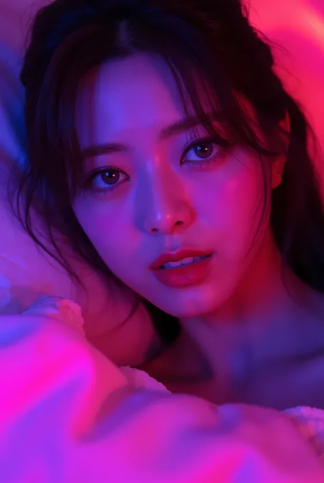 korean woman with pink makeup posing in bed, glowing pink face, soft portrait shot 8 k, glowing magenta face, glowing with colored light, sexy girl, glowwave girl portrait, magenta lighting. fantasy, glowing neon skin, color photograph portrait 4k, 8 k sen...