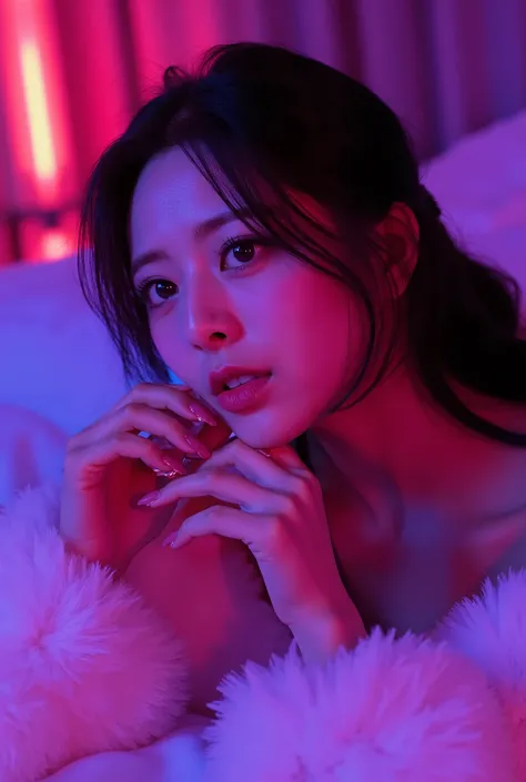 korean woman with pink makeup posing in bed, glowing pink face, soft portrait shot 8 k, glowing magenta face, glowing with colored light, sexy girl, glowwave girl portrait, magenta lighting. fantasy, glowing neon skin, color photograph portrait 4k, 8 k sen...
