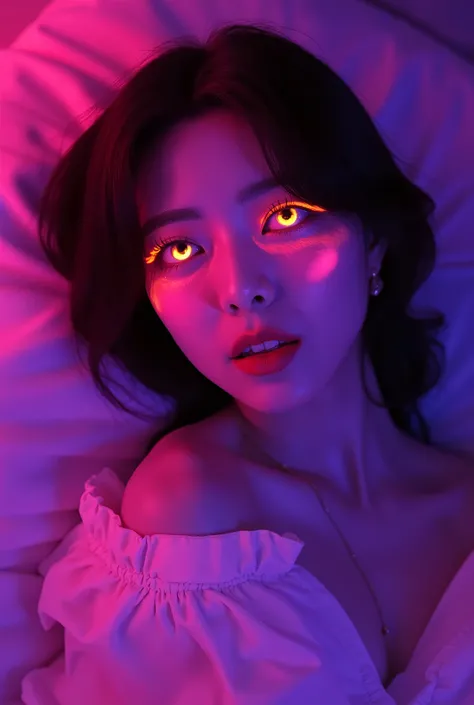 korean woman with pink makeup posing in bed, glowing pink face, soft portrait shot 8 k, glowing magenta face, glowing with colored light, sexy girl, glowwave girl portrait, magenta lighting. fantasy, glowing neon skin, color photograph portrait 4k, 8 k sen...