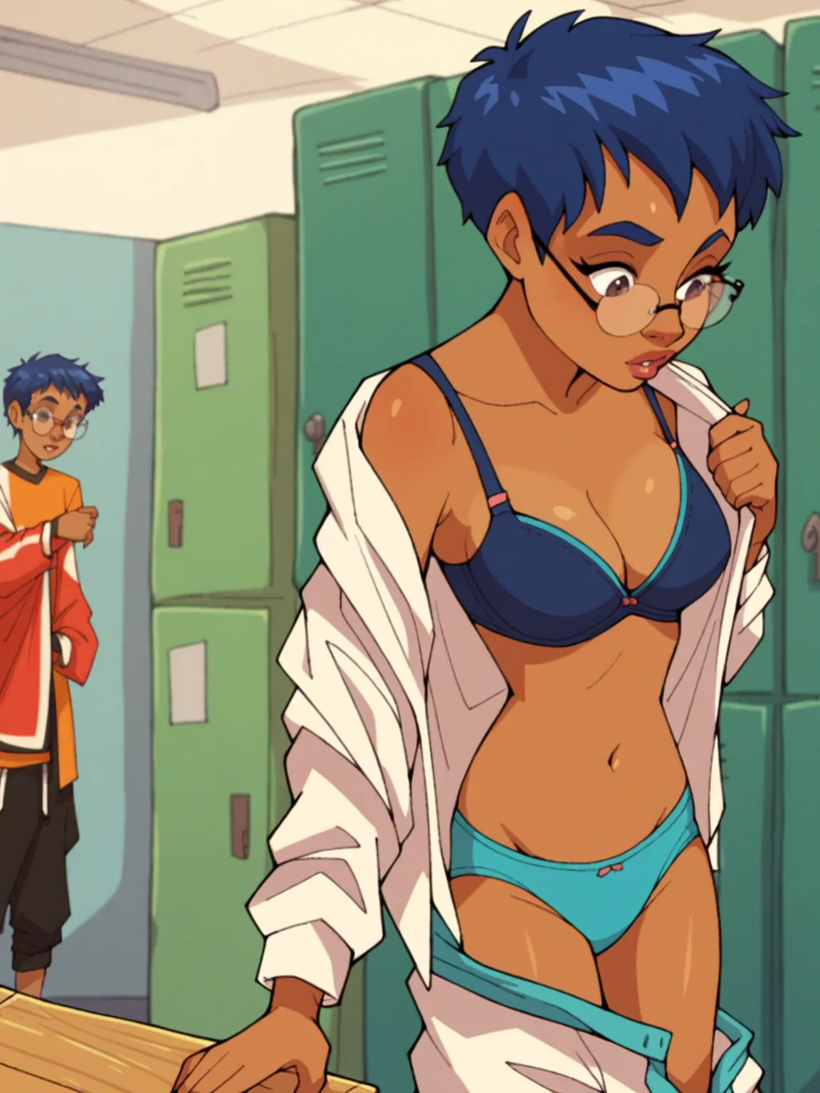 score_9, score_8_up, score_7_up, score_6_up, score_5_up, score_4_up 1girl, solo Taranee Cook, glasses, blue hair, short hair, dark skin, undressing, locker room, underwear,  bra, panty