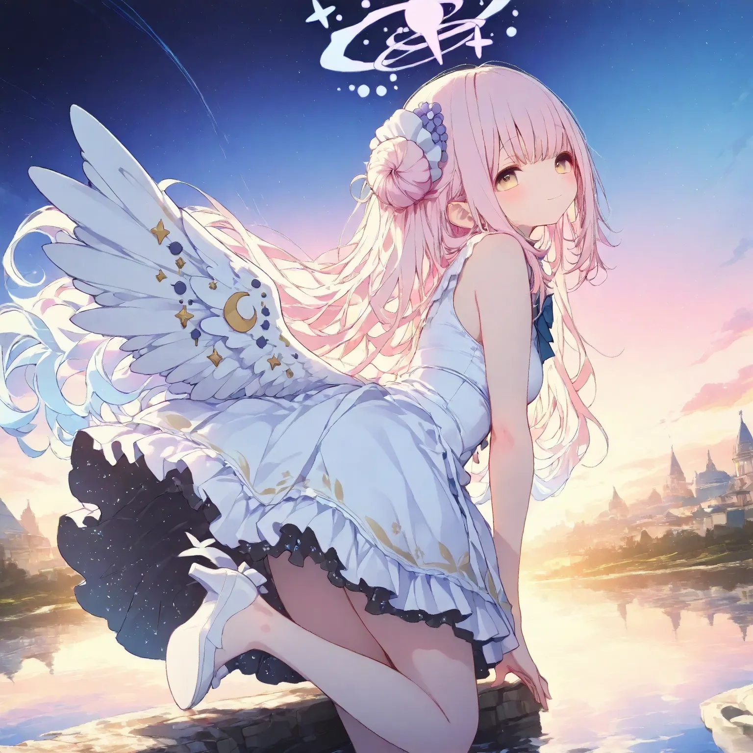 trk,pastel,illustration,Komeshiro Kasu style,

1girl\(mika \(blue archive\),soft smile,flowing sky,holding high-heel shoes in one hand, touching her toes with the other, elegant white dress with angelic wing-like decorations, standing gracefully on a calm ...