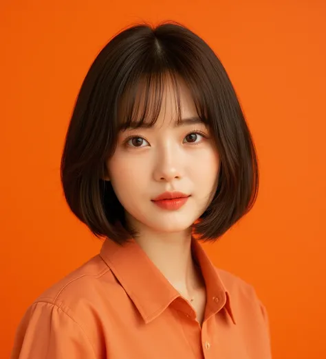 Realistics , beautiful Asian woman, 50 years old  bob cut, dark brown hair.  close lips wearing shirt and trousers, looking at camera eye contact , all body visible, medium range photo, orange background, masterpiece 4K resolution