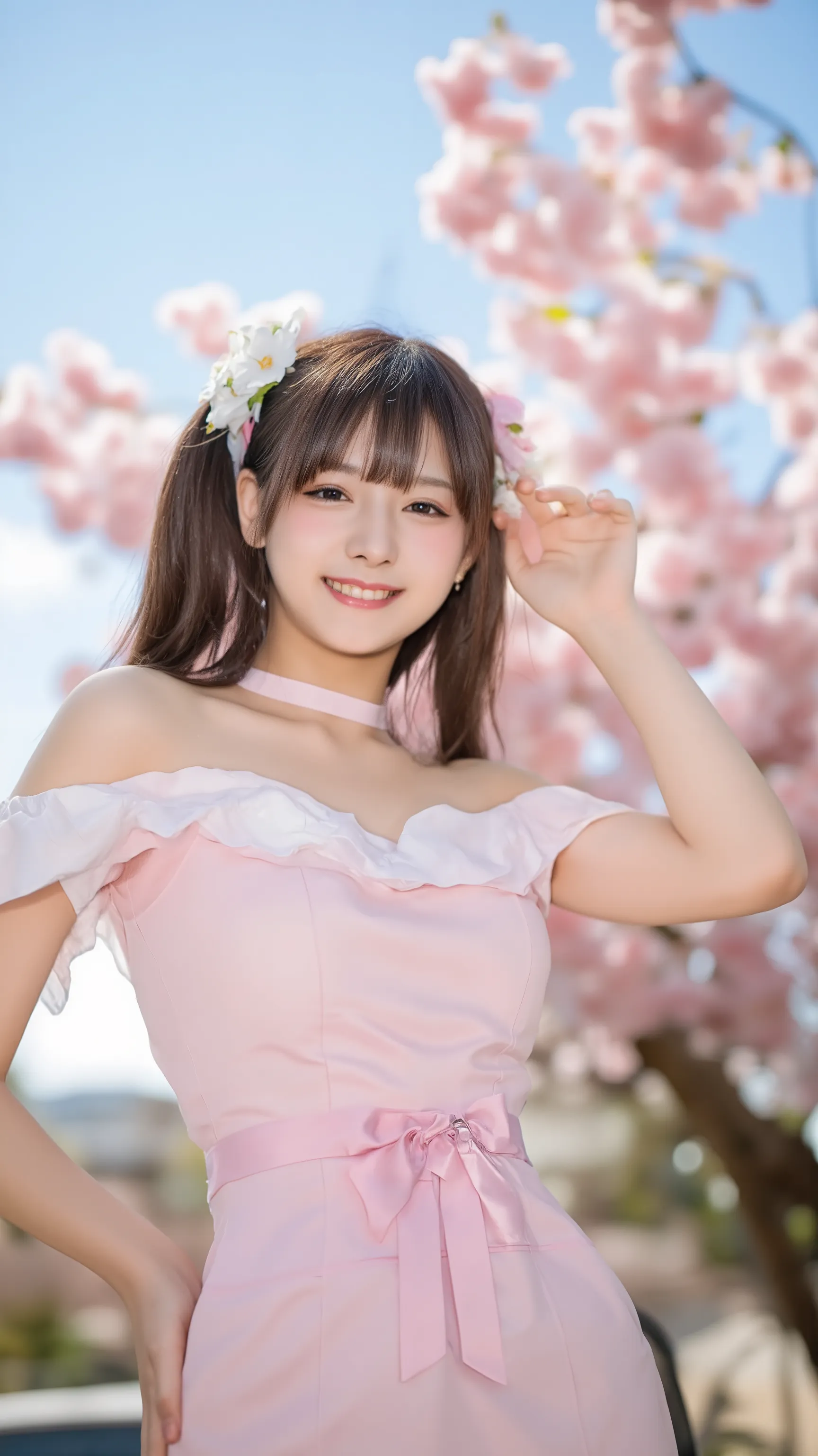 (realistic、as shown in the picture、live-action、8k, Photorealistic)、( cherry blossoms in full bloom:1.3)、(Fitted Off-the-Shoulder Passionate Pink Dress:1.4、clothes that fit the body、Big Breasts、(( pink inner colored hair :1.1))、 female 1 person、Japanese Gal...