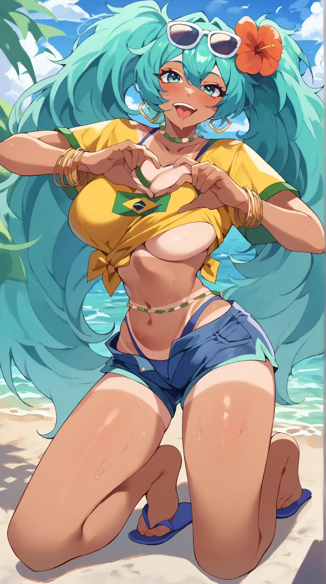 score_9, score_8_up, score_7_up, score_6_up, score_5_up, score_4_up, masterpiece, high quality, BREAK, full body, BREAK, 1girl,  HeartBoobPose, hand gesture, posing, heart shaped hands, over breasts, heart hands, over nipple,  aqua hair, sunglasses on head...