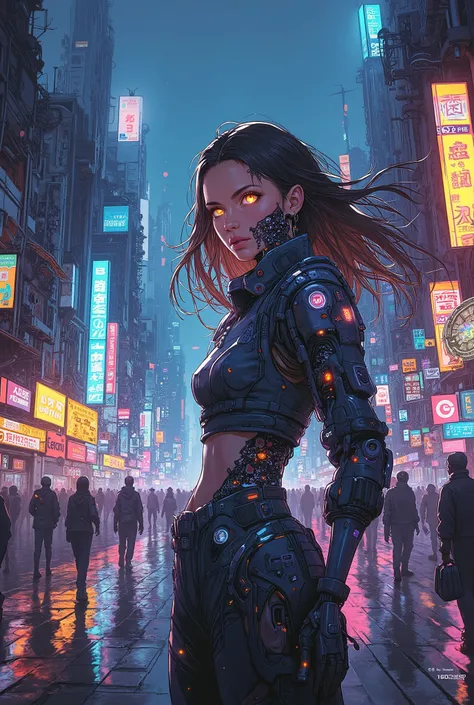 Create a breathtaking, highly detailed, and futuristic cyberpunk artwork featuring a strikingly beautiful and modern woman as the central figure. She has an elegant yet edgy appearance, with cybernetic enhancements, glowing neon accents, and a sleek, high-...