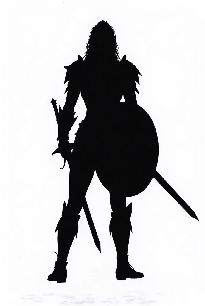 a silhouette seen from behind, It's a woman on top of a rock, holding a shield in one hand and a sword in the other, she wears armor bring simple. This image is on a white background.