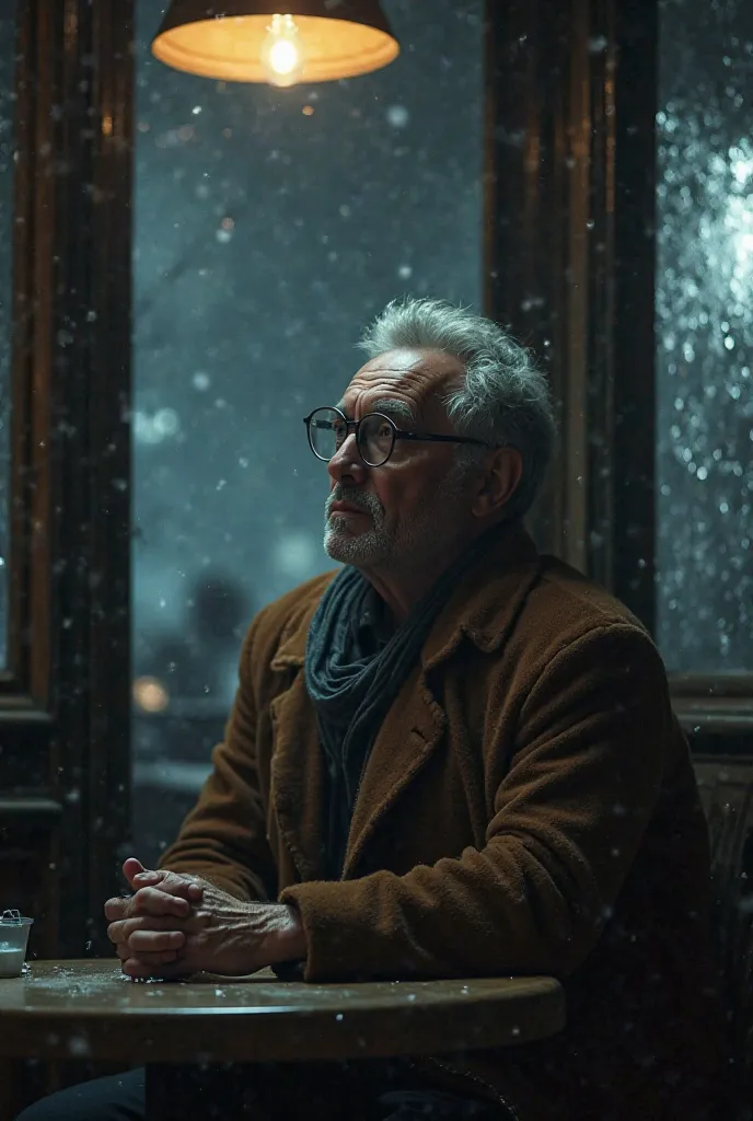 Create a white-skinned man wearing a brown overcoat with round glasses on a restaurant table next to the open door when a light icy breeze comes in with an empty expression on a dark, dimly lit night 