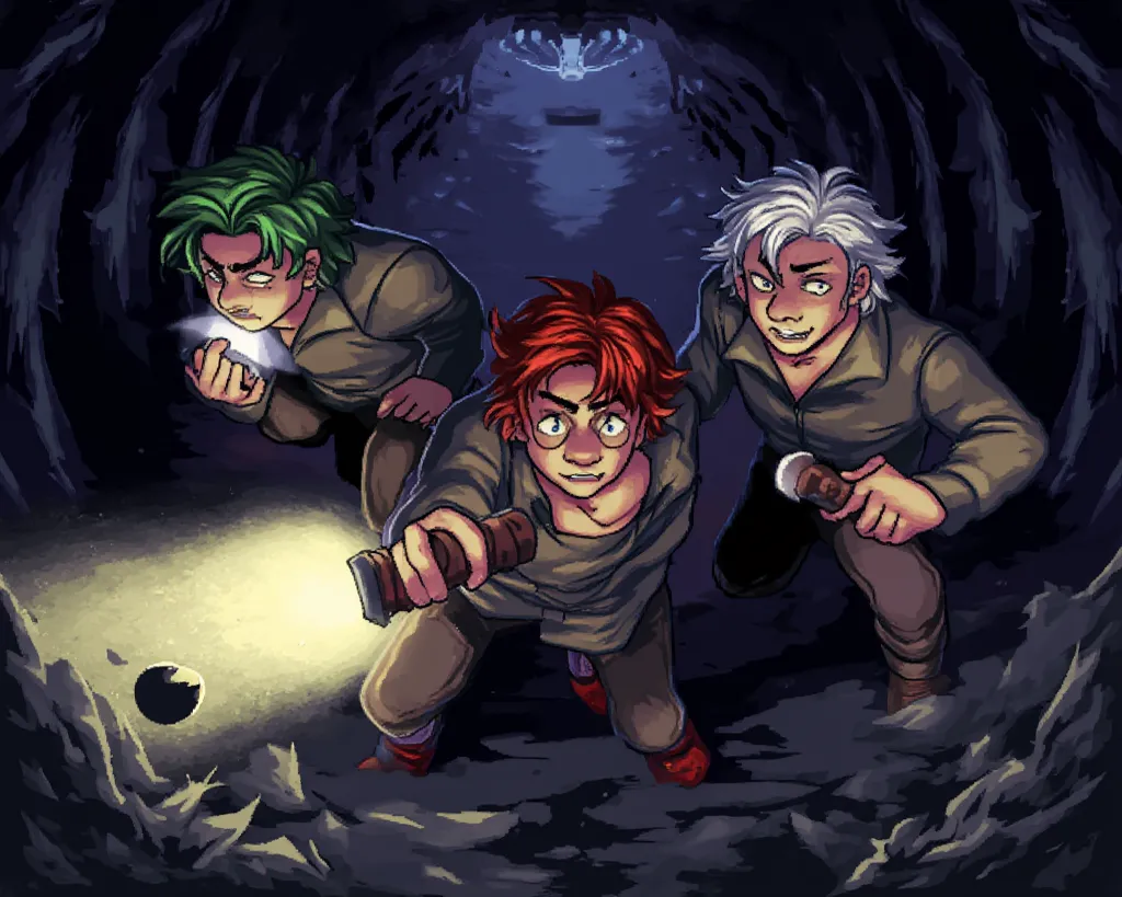 Create an 8bit pixelart image of three men, One short green hair , another red hair and the last white hair, Everyone with flashlights scared