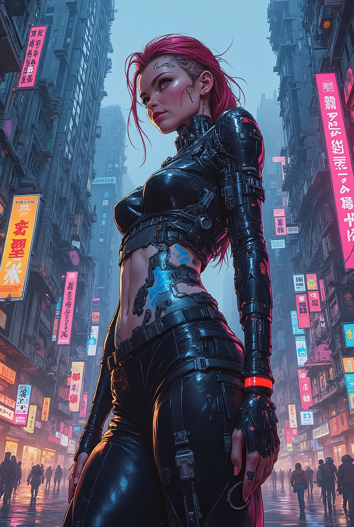 Create a breathtaking, highly detailed, and futuristic cyberpunk artwork featuring a strikingly beautiful and modern woman as the central figure. She has an elegant yet edgy appearance, with cybernetic enhancements, glowing neon accents, and a sleek, high-...