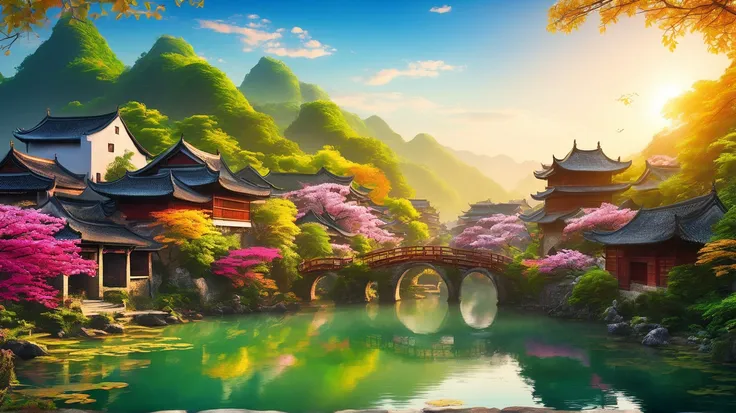 （vibrant with colors），（Semi-realistic），A vibrant riverside scene in ancient China，(Tranquil river water)Show on the(Elegant arch bridge)Oblivity，(Local villagers)'s(Picturesque residence)，（Ming dynasty depiction：1.1），Jiangnan Ancient Town，Small bridges and...