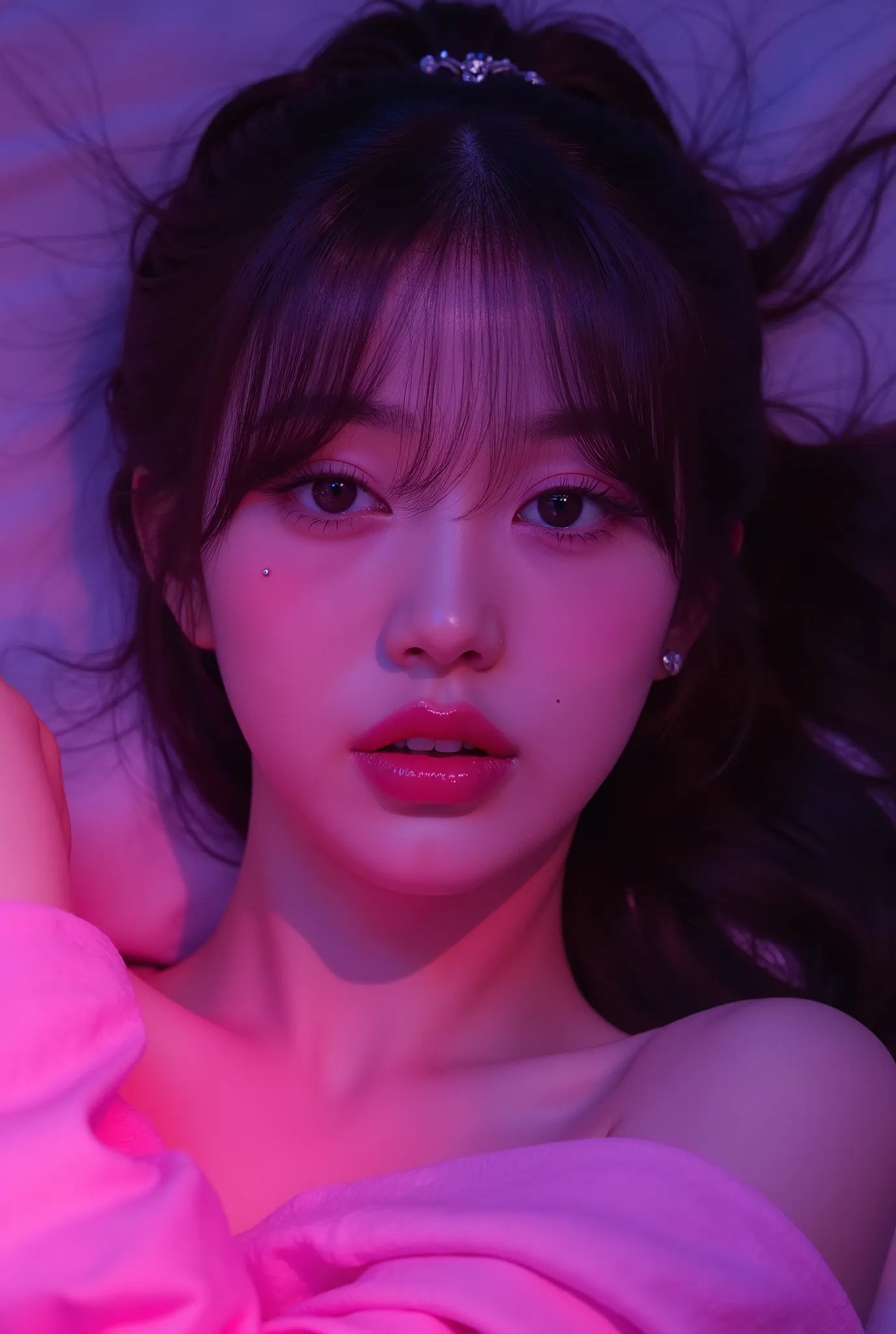 korean woman with pink makeup posing in bed, glowing pink face, soft portrait shot 8 k, glowing magenta face, glowing with colored light, sexy girl, glowwave girl portrait, magenta lighting. fantasy, glowing neon skin, color photograph portrait 4k, 8 k sen...