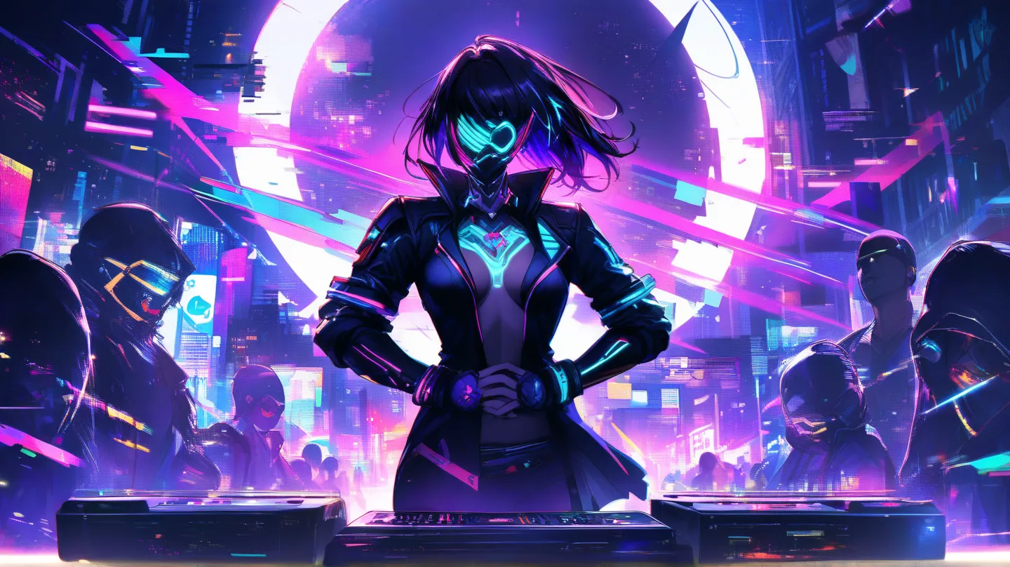 A futuristic neon-lit rave scene under a massive solar eclipse. Dark cyberpunk cityscape with glowing red and purple lights. A DJ with a cyberpunk mask controlling the decks, surrounded by an electrified crowd raising their hands. Abstract laser beams and ...