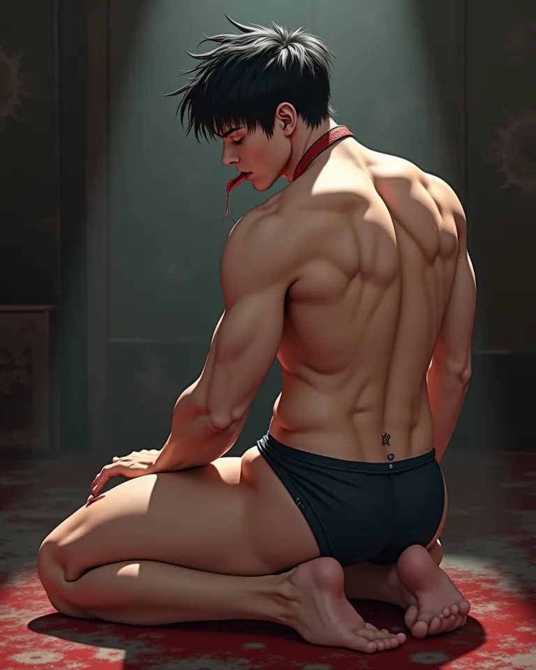 Make a photo of a handsome young Japanese male slave very big burly muscular, no bangs on his face but his hair was very thick bangs all over her body, chest, Arm belly, her legs are bushy hairy (body is very athletic, large and stocky tall body, very larg...