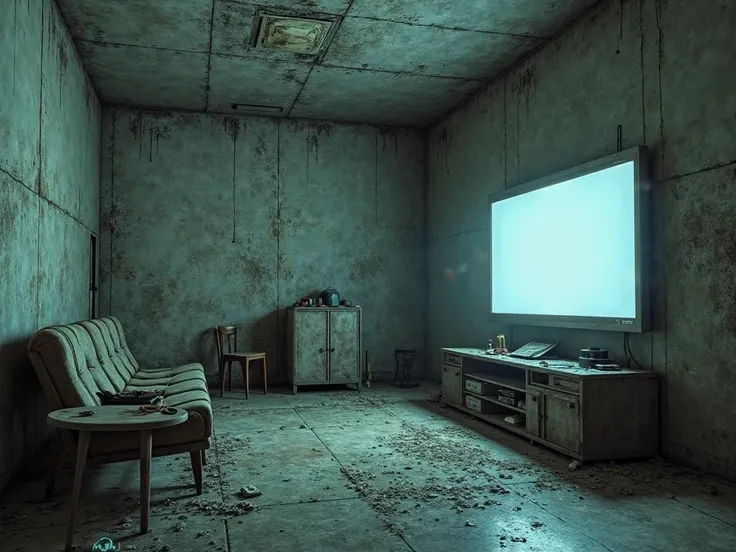 a dystopian room, with cement walls and old, shoddy things,  with a high-tech TV next door