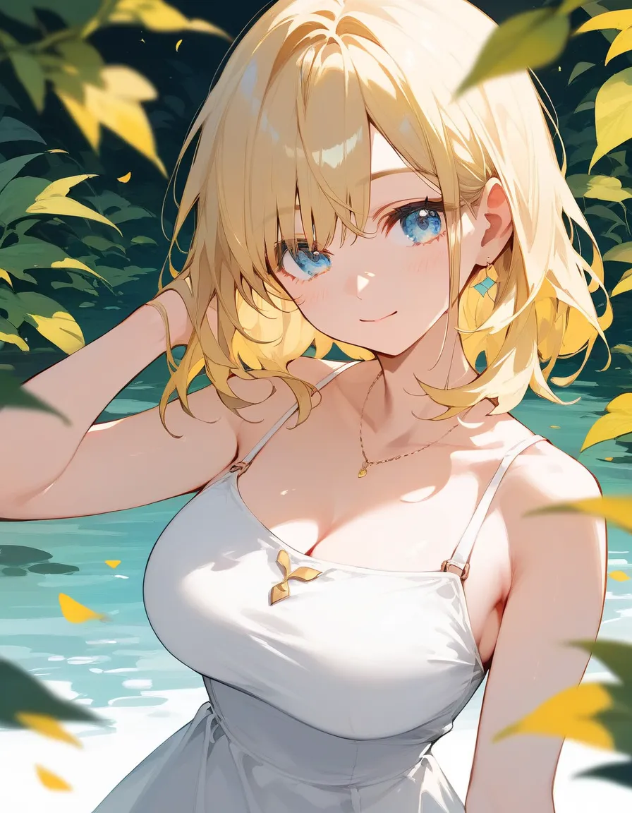 Score_9,Score_8_up,Score_7_up,highest quality, source_anime, highest quality, BREAK 1 girl, cute, 28 years old, (curvy:1.2), (medium hair:1.2), (light yellow hair:1.3), hair over shoulder, (light blue eyes), (large breasts:0.9), (close up), white short dre...