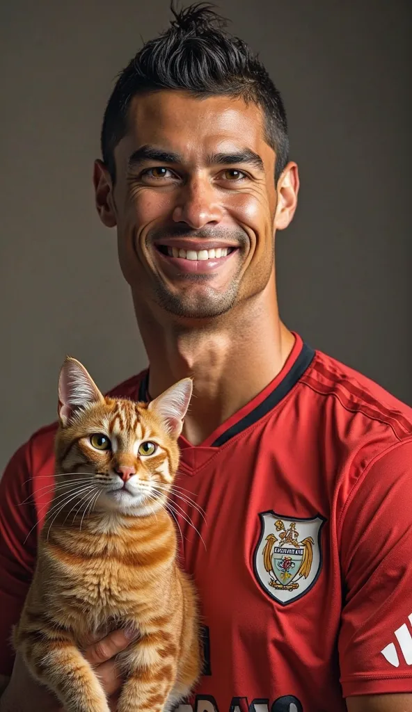 Ronaldo with his jersey and posing for a photo with a golden cat